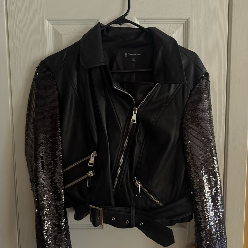 INC International Concepts Black Leather Jacket with Sequin Sleeves